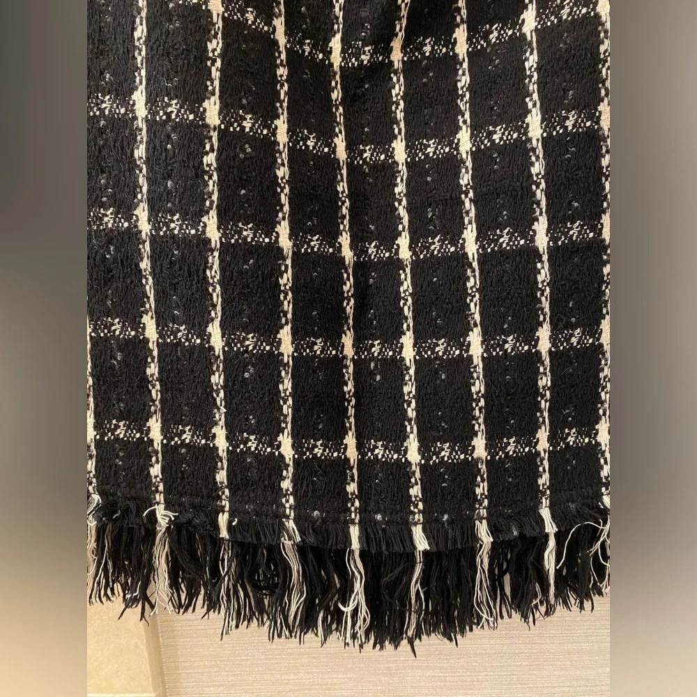 Tory Burch Marisol Mini Tweed Skirt Black Stitch Plaid Fringe 8 checkered